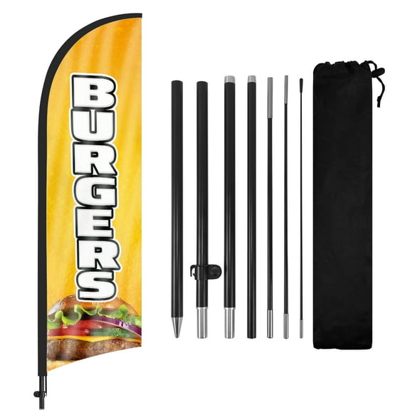 QSUM Burgers Sign Feather Flag with Pole Kit,8.2FT Burgers Decoration Display, Burgers Business Sign, Burgers Swooper FlagBurgers Advertising Flag
