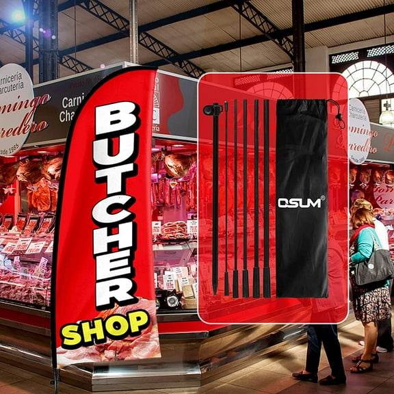 QSUM Butcher shop Advertising Swooper Flag Sign, Butcher shop Feather Flag Pole Kit with Ground Spike, 7Ft Advertising Feather Banner Sign for Butcher shop Business