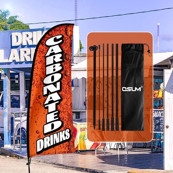 QSUM Carbonated Drinks Feather Flag with Pole Kit and Ground Spike, 7FT Commercial Feather Flag for Drink Shop Sales
