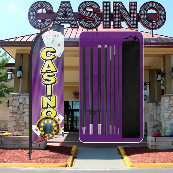 QSUM Casino Themed Feather Flag, 7FT Resort Hotel Advertising Swooper Flag, Vivid Color and Fade Proof Casino Signs for Businesses