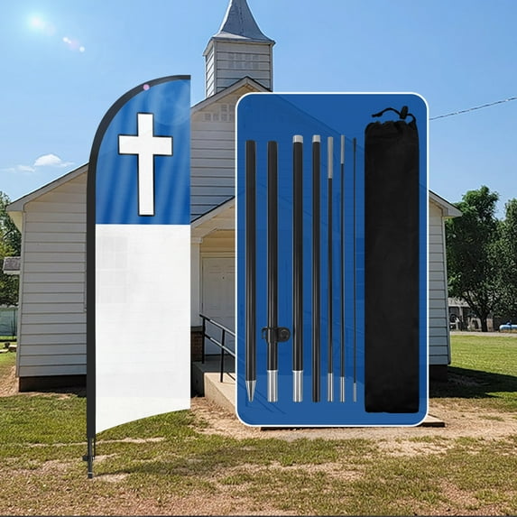 QSUM Christian Religion Sign Feather Flag with Pole Kit,8FT Christian Religion Decoration Display, Christian Religion Business Sign,Christian Religion Swooper Flag