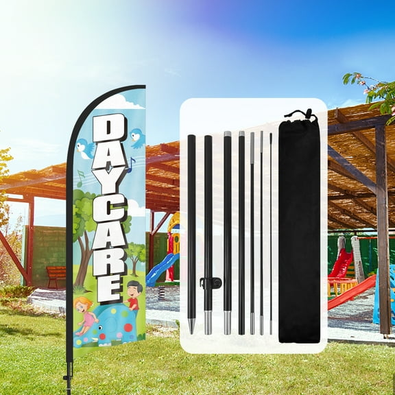 QSUM Day Care Feather Flag with Flag Pole Kit and Ground Spike, 8.2FT Child Care Center Windless Flag Banner Sign Business for Outdoor Advertising Sign Decoration Display