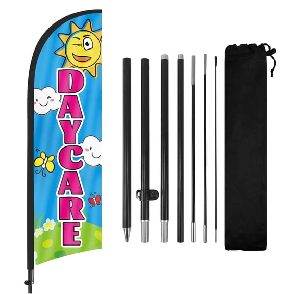 QSUM Daycare Themed Swooper Flag, 8.2FT Daycare Banner Feather Flag with Carbon Fiber Pole Kit Ground Stake, Daycare Signs for Business Advertising
