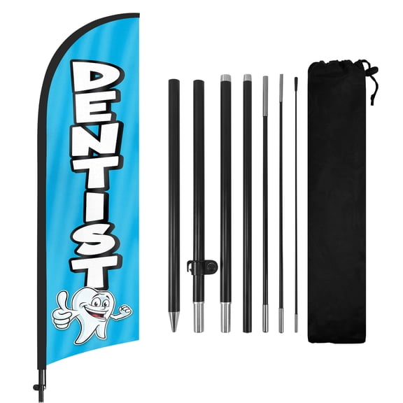 QSUM Dentist Feather Flag with Flag Pole Kit and Ground Spike, 8.2FT Dentist Windless Flag Banner Sign Business for Outdoor Advertising Sign Decoration Display