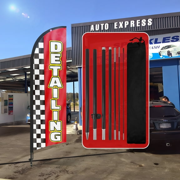 QSUM Detailing Sign Feather Flag with Pole Kit,8.2FT Detailing Decoration Display, Detailing Business Sign,Detailing Swooper Flag