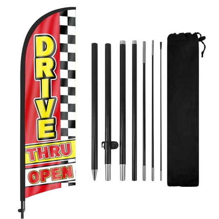QSUM Drive Thru Open Sign Feather Flag with Pole Kit,7FT Drive Thru Open Decoration Display, Drive Thru Open Business Sign,Drive Thru Open Swooper Flag