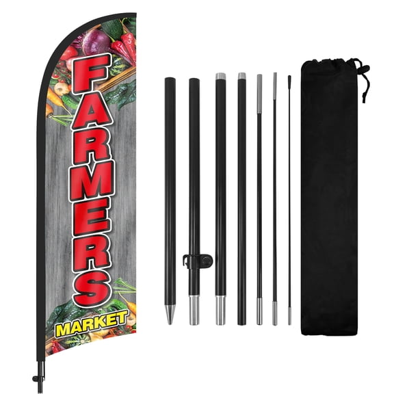 QSUM Farmers Market Feather Flag with Flag Pole Kit and Ground Spike, 8.2FT Farmers Market Windless Flag Banner Sign Business for Outdoor Advertising Sign Decoration Display
