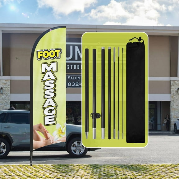 QSUM Foot Massage Feather Flag with Flag Pole Kit and Ground Spike, 8.2FT Foot Massage Windless Flag Banner Sign Business for Outdoor Advertising Sign Decoration Display