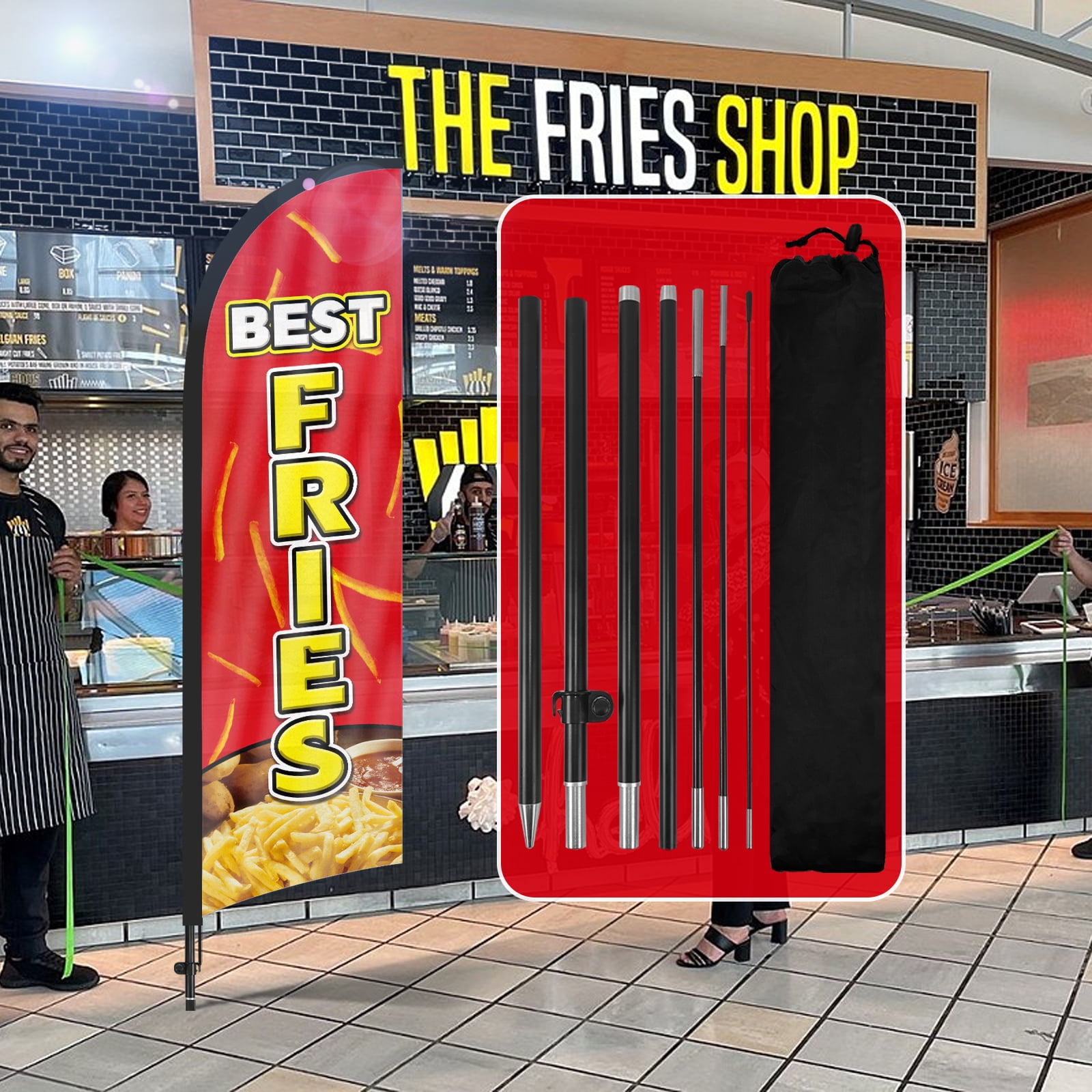 QSUM Fries Feather Flag with Flag Pole Kit and Ground Spike, 8.2FT Fries Windless Flag Banner Sign Business for Outdoor Advertising Sign Decoration Display