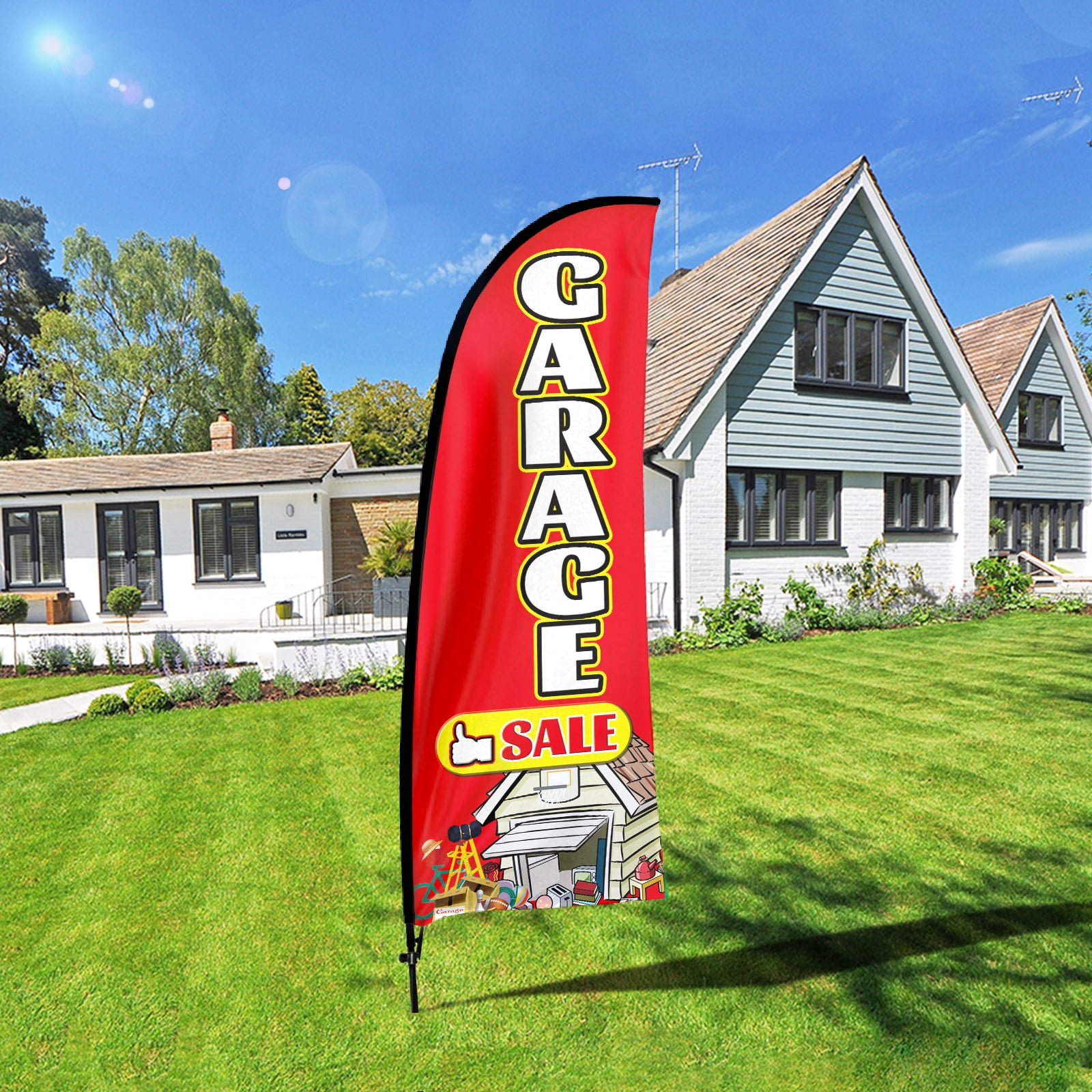 QSUM Garage Sale Sign Feather Flag with Pole Kit,7FT Garage Sale Decoration Display, Garage Sale Business Sign,Garage Sale Swooper Flag（red）