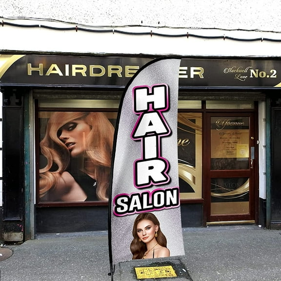 QSUM Hair Salon Swooper Flag and Pole Kit and Ground Spike, 7 FT Upgrade Windless Feather Flag Business Advertising Sign for Hair Salon Store Sales