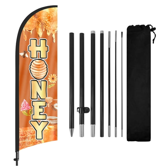 QSUM Honey Themed Swooper Flag, 8.2FT Honey Banner Feather Flag with Carbon Fiber Pole Kit Ground Stake, Honey Signs for Business Advertising