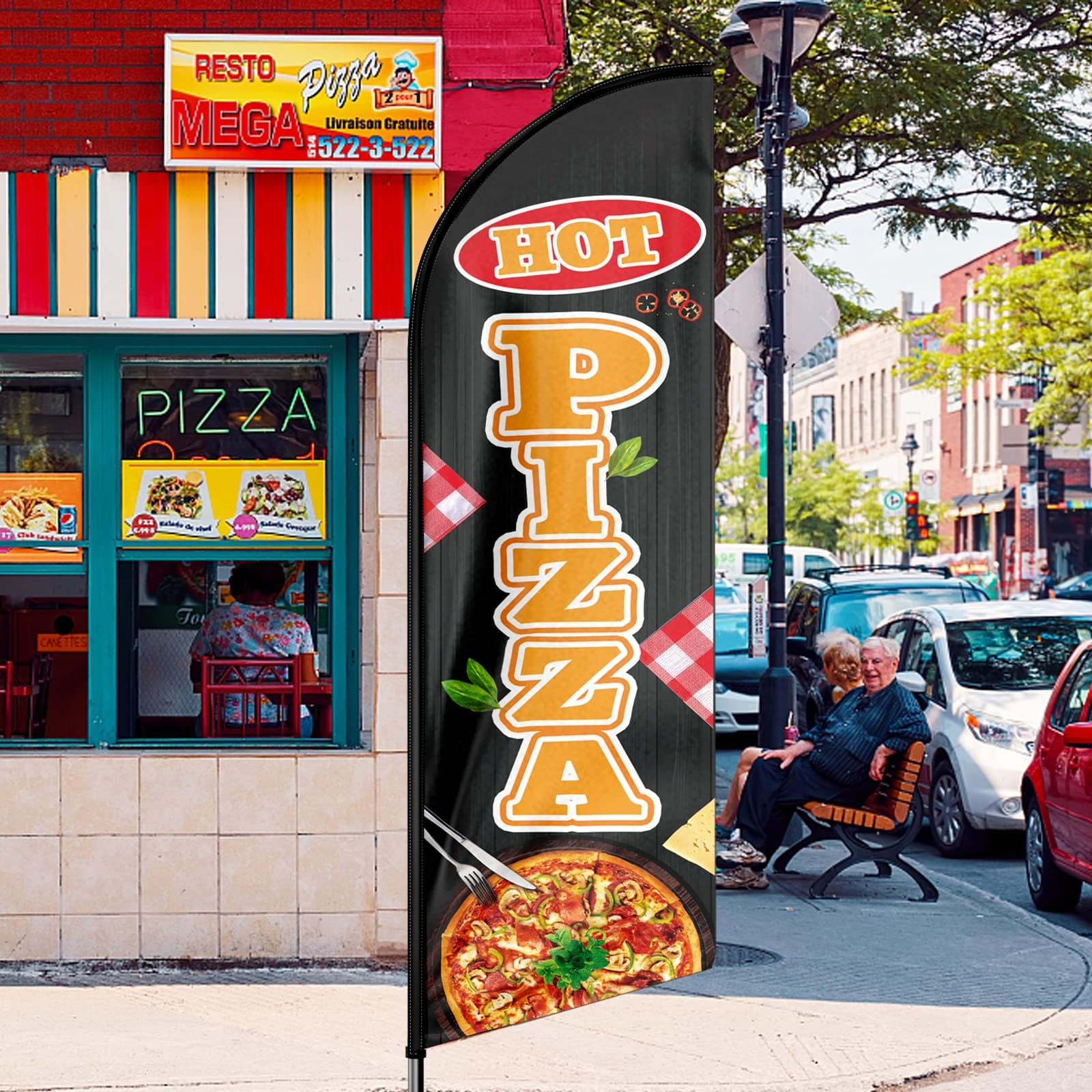 QSUM Hot Pizza Sign Feather Flag,8FT Hot Pizza outdoor advertising flag, Hot Pizza Business Sign,Hot Pizza Swooper Flag（FLAG ONLY）