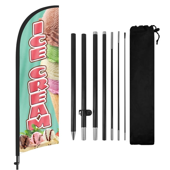 QSUM Ice Cream Feather Flag with Flag Pole Kit and Ground Spike, 8.2FT Ice Cream Windless Flag Banner Sign Business for Outdoor Advertising Sign Decoration Display