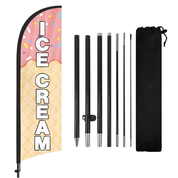QSUM Ice Cream Sign Feather Flag with Pole Kit,8.2FT Ice Cream Decoration Display, Ice Cream Business Sign,Ice Cream Swooper FlagAdvertising Flag