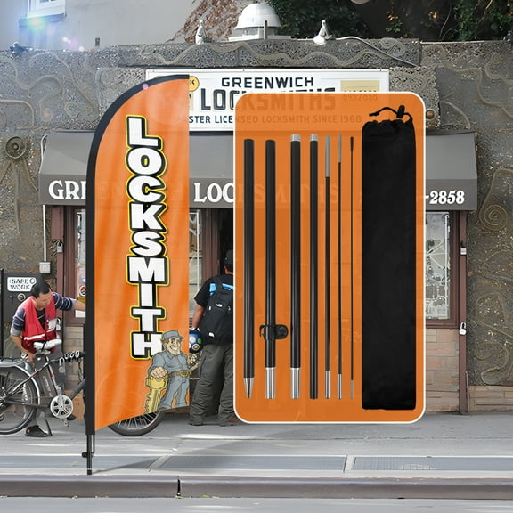 QSUM Locksmith Feather Flag with Flag Pole Kit and Ground Spike, 8.2FT Locksmith Windless Flag Banner Sign Business for Outdoor Advertising Sign Decoration Display