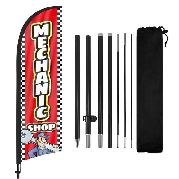QSUM Mechanic Shop Feather Flag with Flag Pole Kit and Ground Spike, 8.2FT Mechanic Shop Windless Flag Banner Sign Business for Outdoor Advertising Sign Decoration Display