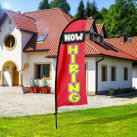 QSUM Now Hiring Sign Feather Flag with Pole Kit,7FT Now Hiring Decoration Display, Now Hiring Business Sign,Now Hiring Swooper Flag
