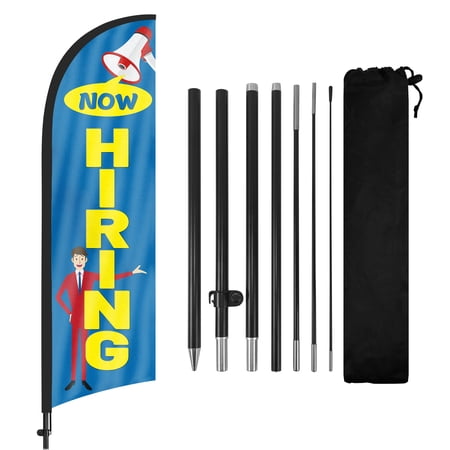 QSUM Now Hiring business Flag with Pole Kit , Now Hiring Advertising Feather Flag, 7FT Now Hiring Banner ,Commercial use flag