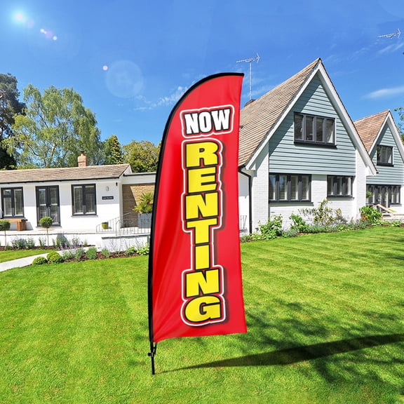 QSUM Now Renting Sign Feather Flag with Pole Kit,7FT Now Renting Advertising Flag, Now Renting Business Sign,Now Renting Windless Swooper Flag
