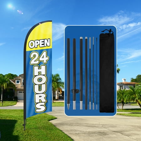 QSUM Open 24 Hours Advertising Feather Flag , Open 24 Hours Swooper Banner for Store Sales, 7FT Open 24 Hours Signs Feather Flag and Pole Kit(Blue)