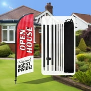 QSUM Open House Feather Flag with Flag Pole Kit and Ground Spike, 7FT Open House Windless Flag Banner Sign Business for Welcome Agent Inside Outdoor Advertising Sign Decoration Display Red