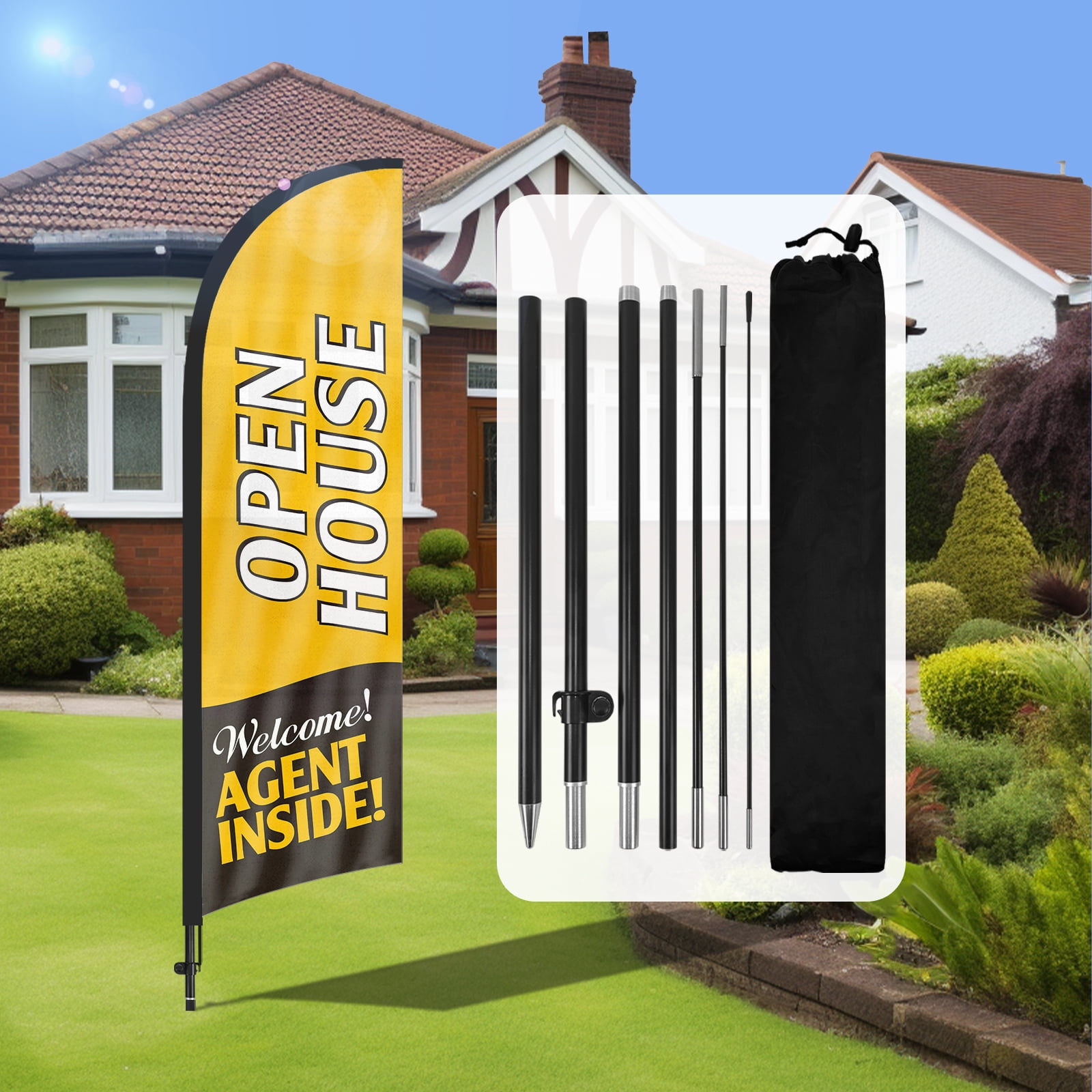 QSUM Open House Feather Flag with Flag Pole Kit and Ground Spike, 7FT Open House Windless Flag Banner Sign Business for Welcome Agent Inside Outdoor Advertising Sign Decoration Display（Orange）