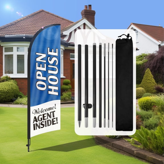 QSUM Open House Feather Flag with Flag Pole Kit and Ground Spike, 7FT Open House Windless Flag Banner Sign Business for Welcome Agent Inside Outdoor Advertising Sign Decoration DisplayBlue