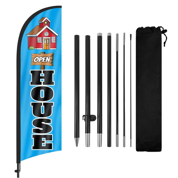 QSUM Open House Feather Flag with Flag Pole Kit and Ground Spike, 8.2FT Open House Windless Flag Banner Sign Business for Welcome Agent Inside Outdoor Advertising Sign Decoration Display