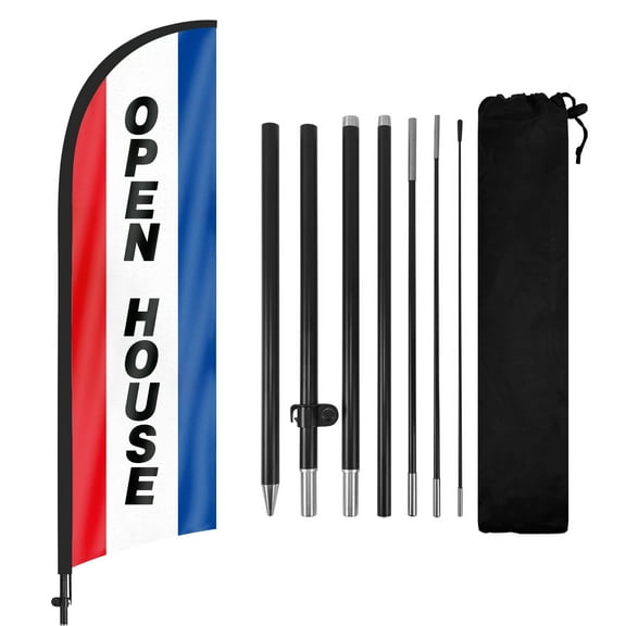 QSUM Open House Feather Flag with Flag Pole Kit and Ground Spike, 8.2FT Open House Windless Flag Banner Sign Business for Welcome Agent Inside Outdoor Advertising Sign Decoration Display