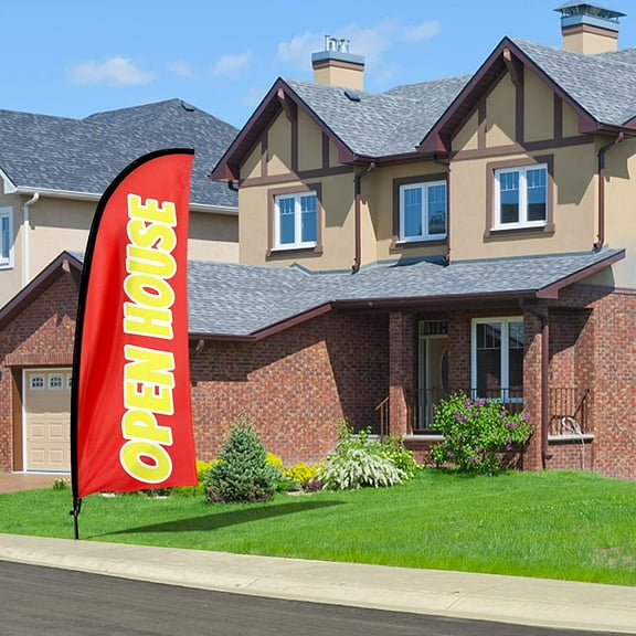 QSUM Open House Feather Flag with Flag Pole Kit and Ground Spike, 7Ft Tall Advertising Windless Open House Flag Sign for Outdoor Indoor Business