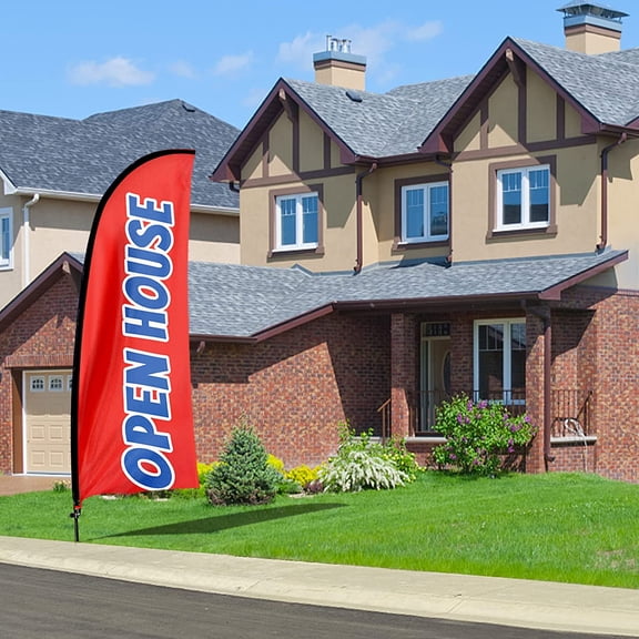 QSUM Open House Feather Flag with Flag Pole Kit and Ground Spike, 7Ft Tall Advertising Windless Open House Flag Sign for Outdoor Indoor Business