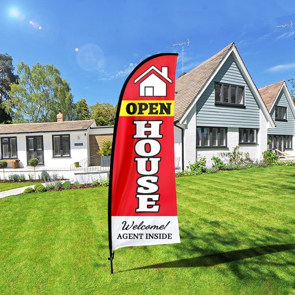 QSUM Open House Sign Feather Flag with Pole Kit,7FT Open House Decoration Display, Open House Business Sign,Open House Swooper Flag(red-5)