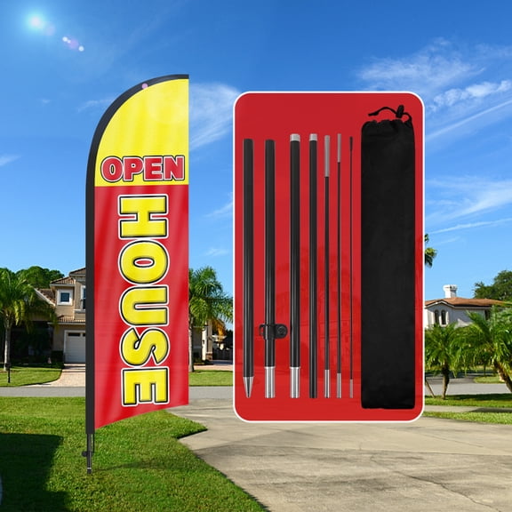QSUM Open House Sign Feather Flag with Pole Kit,8FT Open House Decoration Display, Open House Business Sign,Open House Swooper Flag(YELLOW&RED)