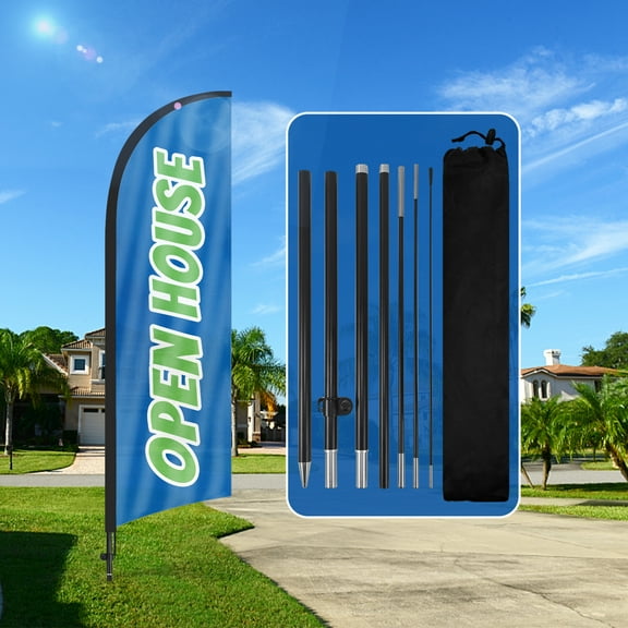 QSUM  Open  House Theme Feather Flag and Pole Kit, 7FT Commercial Banner for Open  House , Now Open Adverting Flag