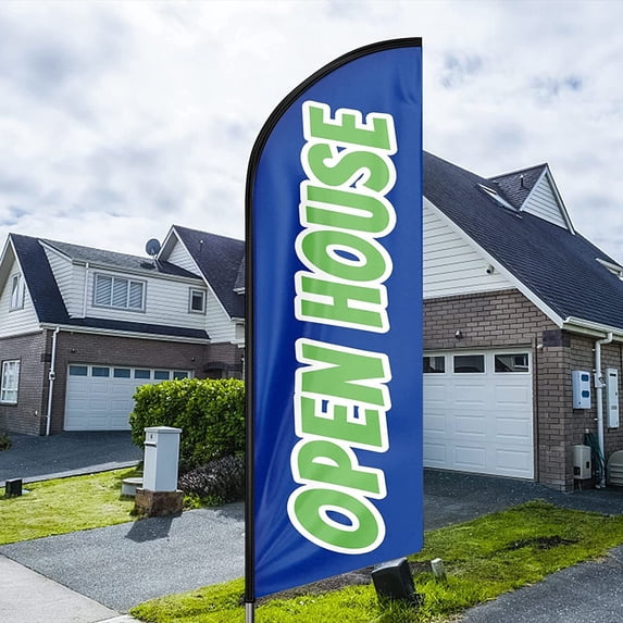 QSUM Open House Themed Swooper Flag, 11FT Open House Signs Advertising Feather Flag with Pole and Heavy-Duty Ground Spike for Real Estate Agents, Businesses and Storefronts
