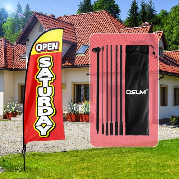 QSUM Open Saturday Themed Swooper Flag, 7FT Open Saturday Banner Feather Flag with Carbon Fiber Pole Kit/Ground Stake, Open Saturday Signs for Business Advertising