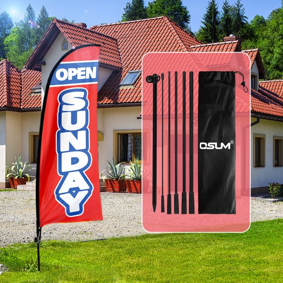 QSUM Open Sunday Themed Swooper Flag, 7FT Open Sunday Banner Feather Flag with Carbon Fiber Pole Kit/Ground Stake, Open Sunday Signs for Business Advertising Red
