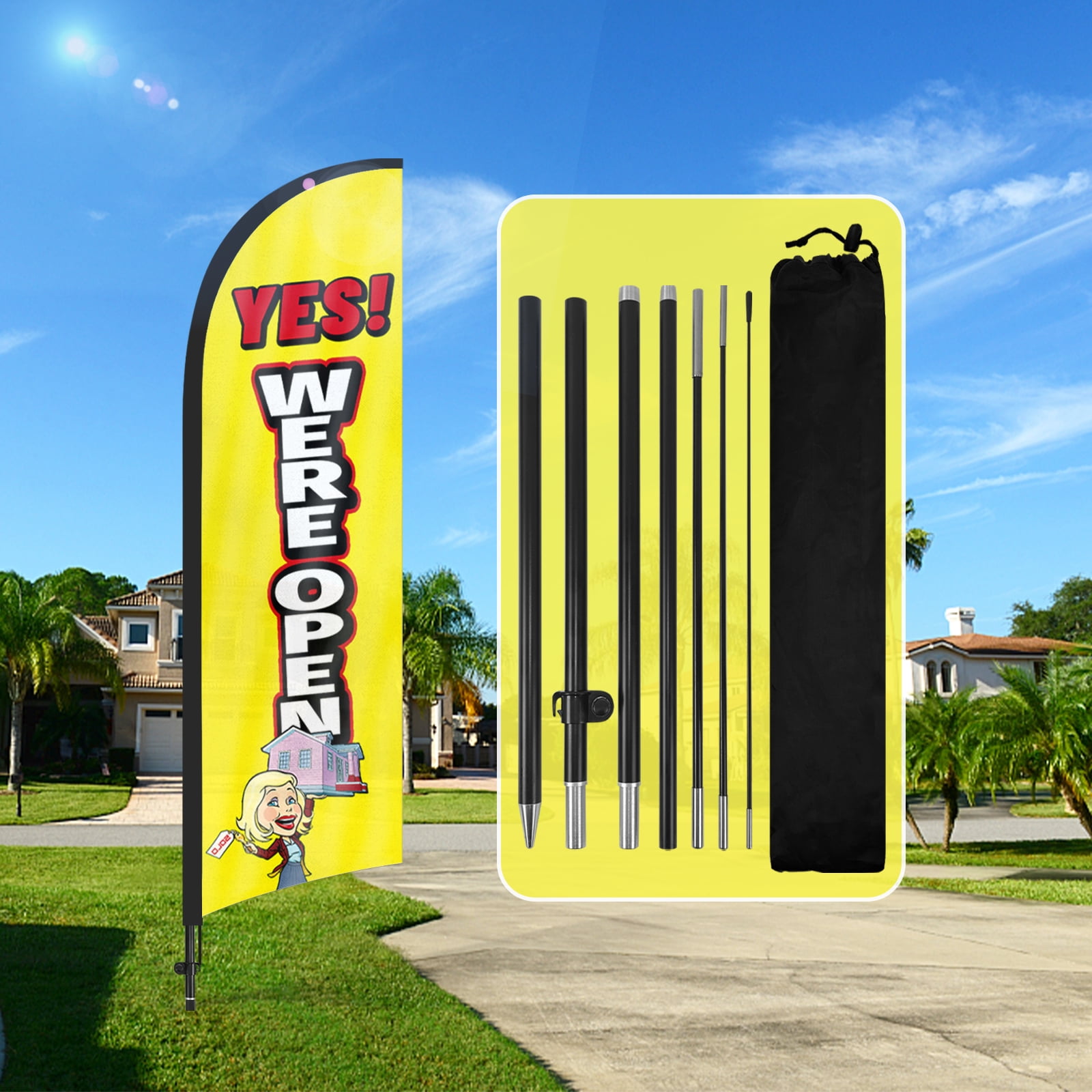 QSUM Pizza thema swooper vlag, 7FT pizza reclame veer vlag met paal kit, gemalen spike, pizza borden voor bedrijven en winkels (zwart