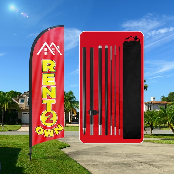QSUM Rent Own Sign Feather Flag with Pole Kit,7FT Rent Own Decoration Display, Rent Own Business Sign,Rent Own Swooper Flag