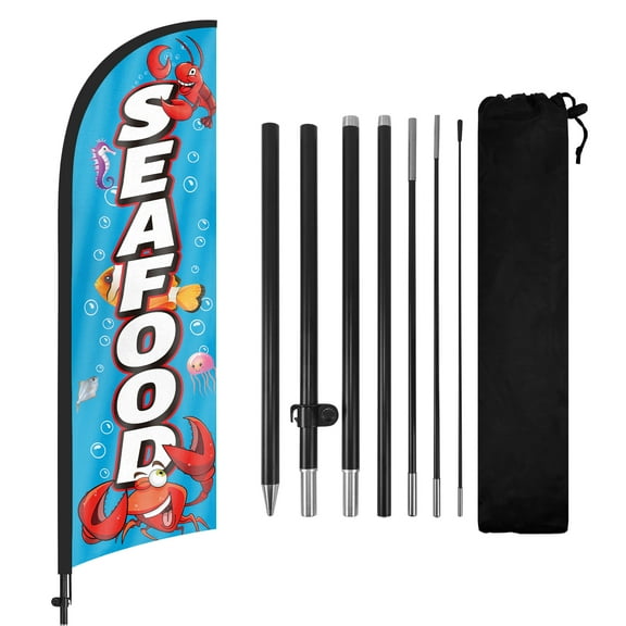 QSUM Seafood Feather Flag with Flag Pole Kit and Ground Spike, 8.2FT Fish Shrimp Windless Flag Banner Sign Business for Outdoor Advertising Sign Decoration Display