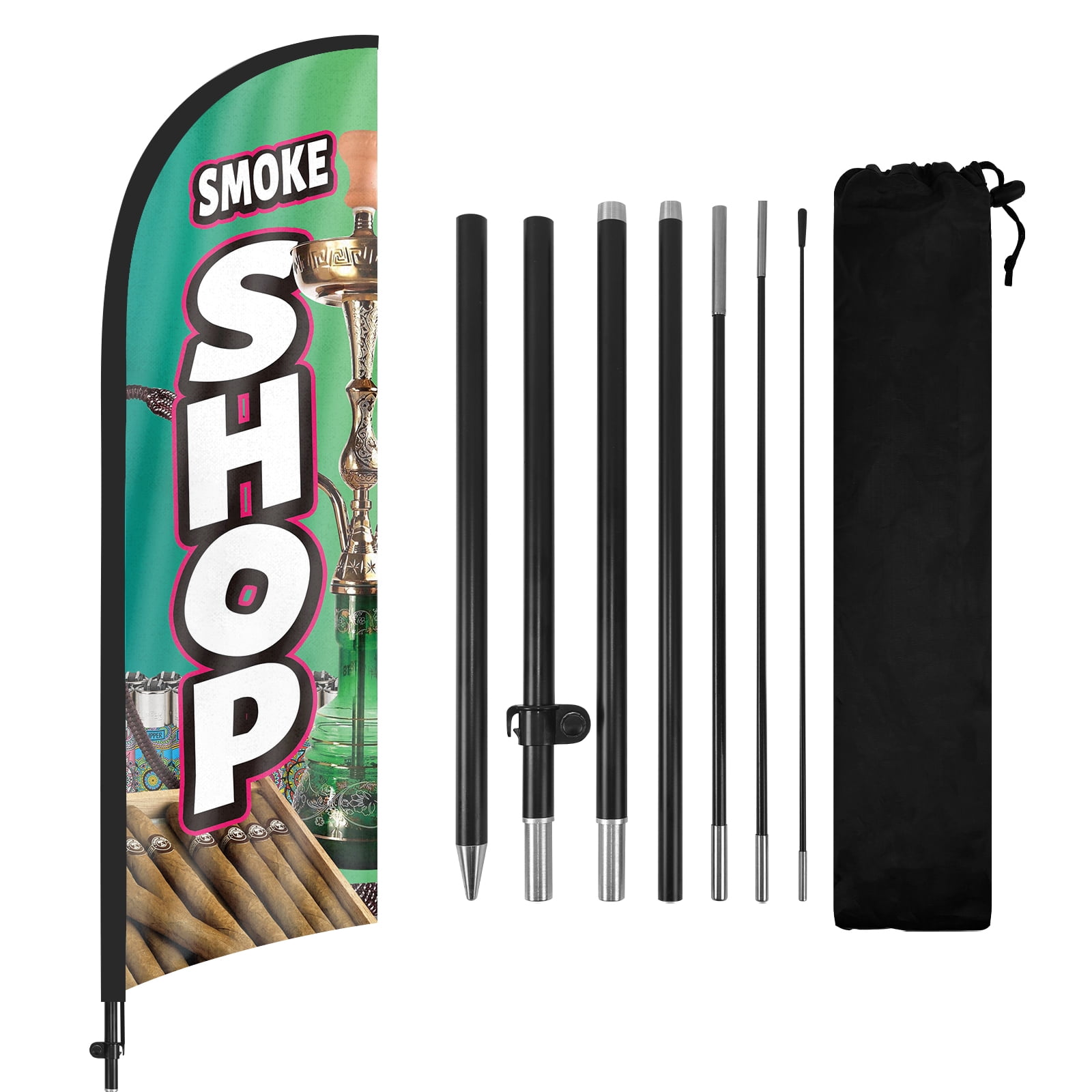 QSUM Smoke Shop Feather Flag with Flag Pole Kit and Ground Spike, 8.2FT Smoke Shop Windless Flag Banner Sign Business for Outdoor Advertising Sign Decoration Display