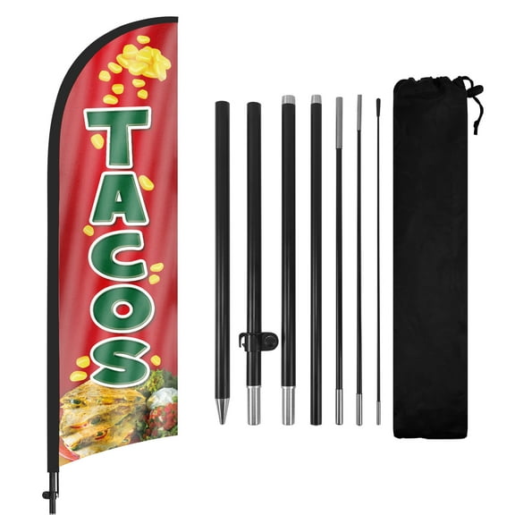 QSUM Tacos Sign Feather Flag with Pole Kit,7FT Tacos Decoration Display, Tacos Business Sign,Tacos Swooper Flag