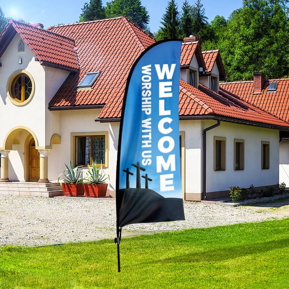 QSUM Welcome worship business Flag with Pole Kit , Welcome worship Advertising Feather Flag, 7FT Welcome worship Banner ,Commercial use flag