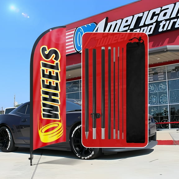 QSUM Wheels Sign Feather Flag with Pole Kit,7FT Wheels Decoration Display, Wheels Business Sign,Wheels Swooper Flag