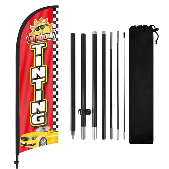 QSUM Window Tinting Feather Flag with Flag Pole Kit and Ground Spike, 8.2FT Window Tinting Windless Flag Banner Sign Business for Outdoor Advertising Sign Decoration Display