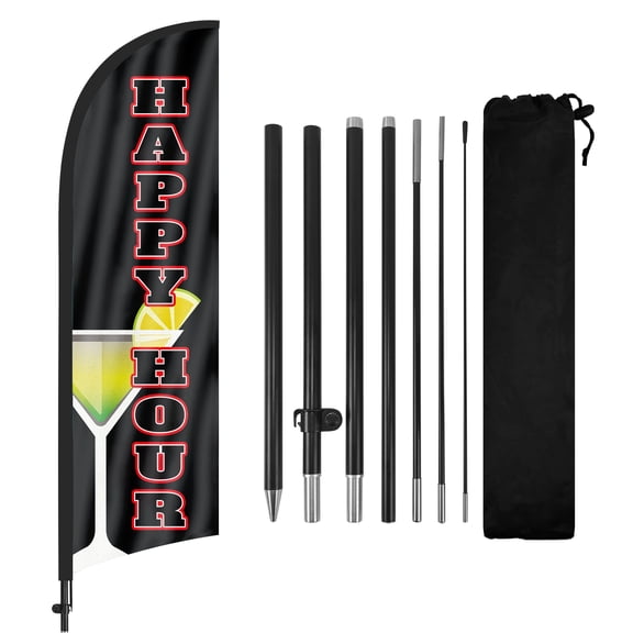 QSUM happy hourThemed Swooper Flag, 8.2FT happy hourBanner Feather Flag with Carbon Fiber Pole Kit Ground Stake, Daycare Signs for Business Advertising