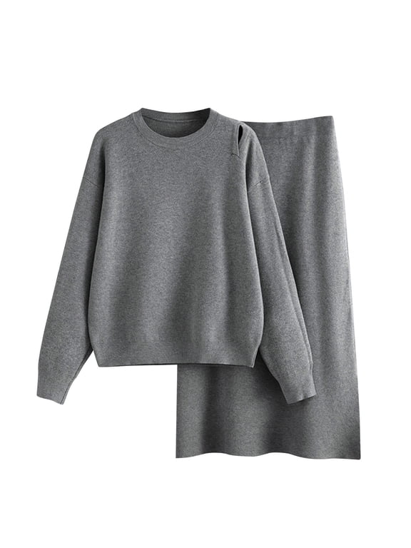 2 Piece Set for Women Loose Long Sleeve Crew Neck Top And Maxi Skirt Outfits