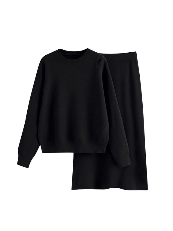 2 Piece Set for Women Loose Long Sleeve Crew Neck Top And Maxi Skirt Outfits
