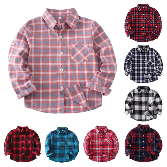 QSXADF Boys Girls Plaid Shirt Jacket Button Down Shirts Kids Long Sleeve Regular Plaid Button Up Collared Shirt Jacket Casual Fall Layering Top Children's Outwear